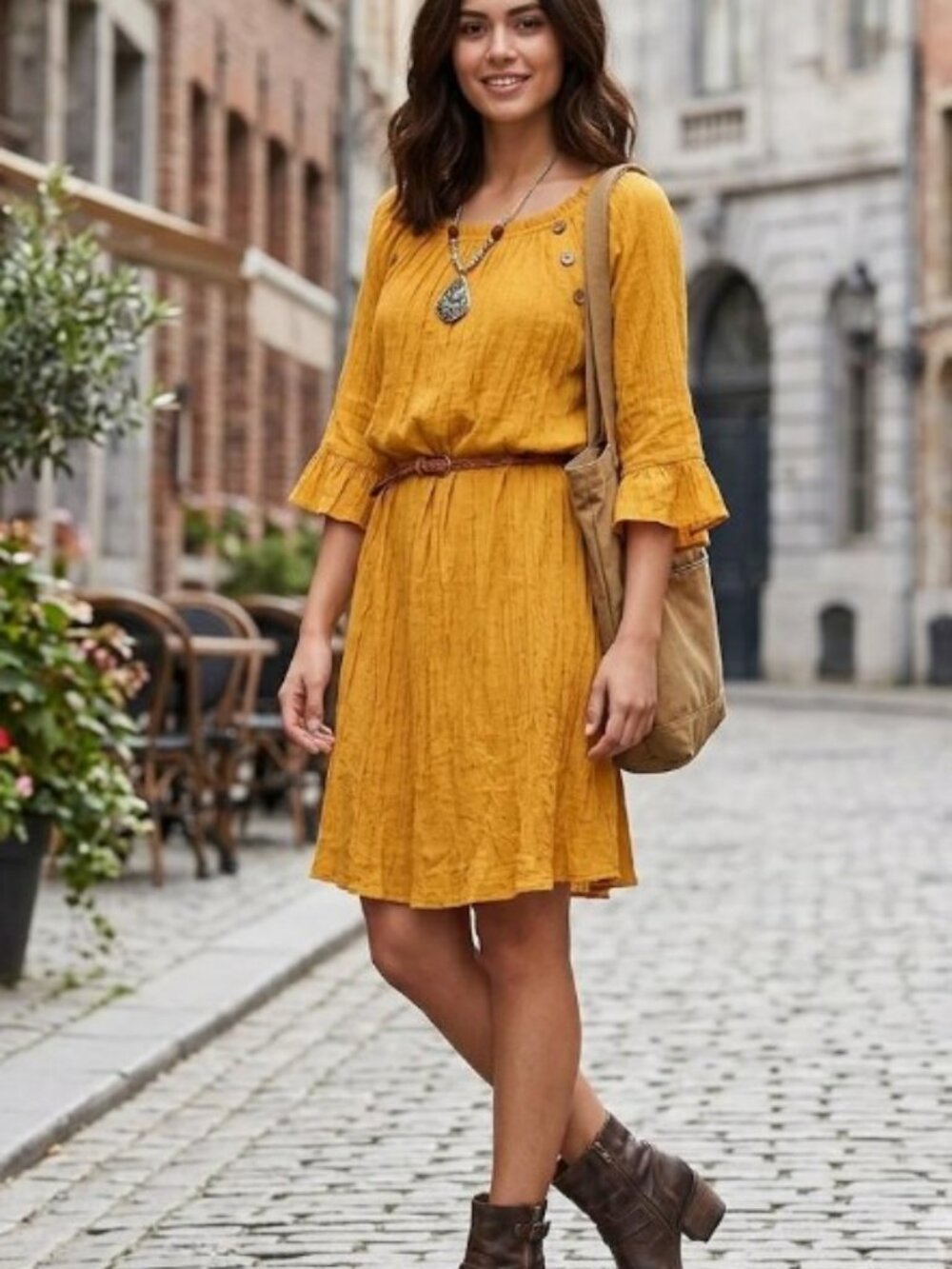 Naif Autumn Gold Rayon Crinkled Shift Boho Mini Medium Dress